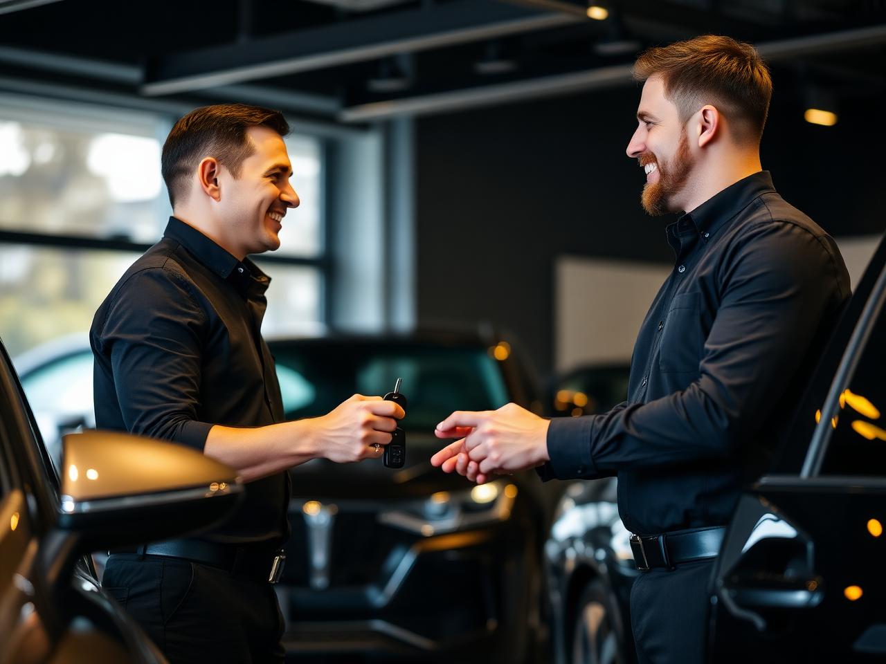 Consultor da Bonatto Auto Center entregando a chave de um veículo ao cliente